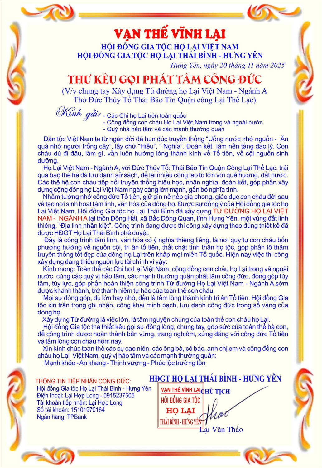 Thư kêu gọi phát tâm công đức của HĐGT họ Lại Thái Bình - Hưng Yên
